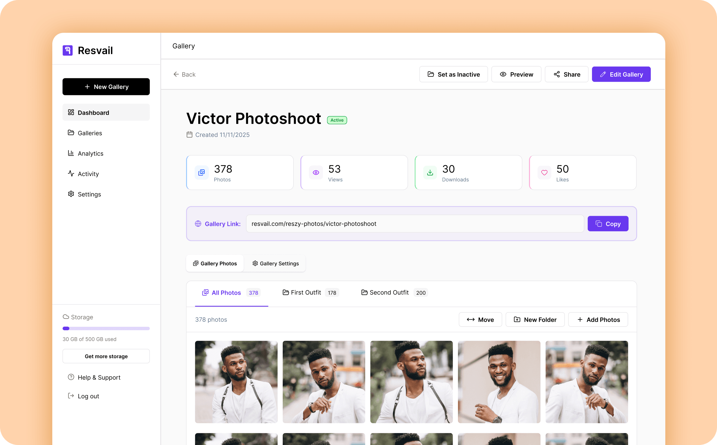 Secure storage dashboard showing photo gallery with statistics