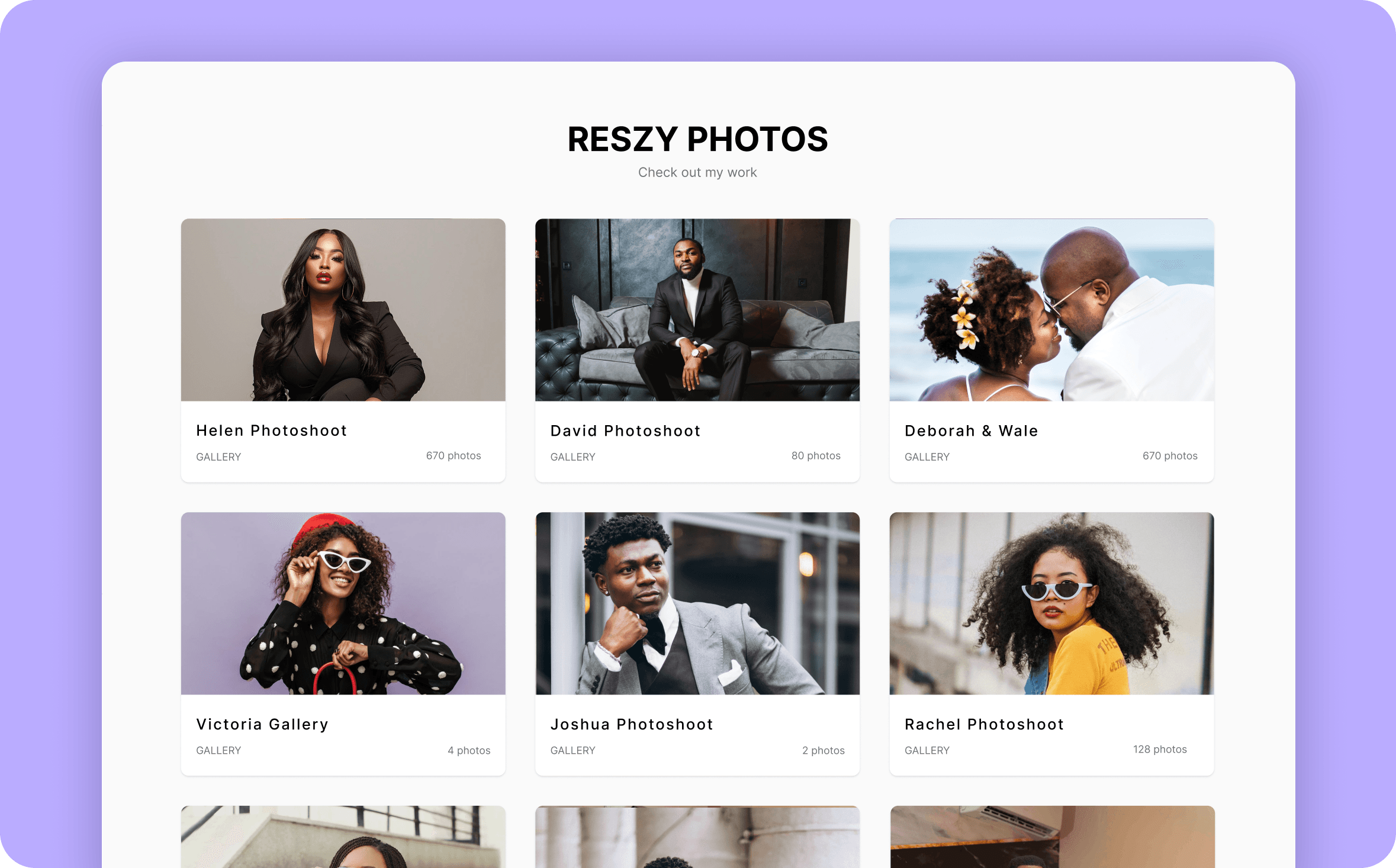Professional portfolio showing gallery grid with multiple photoshoots